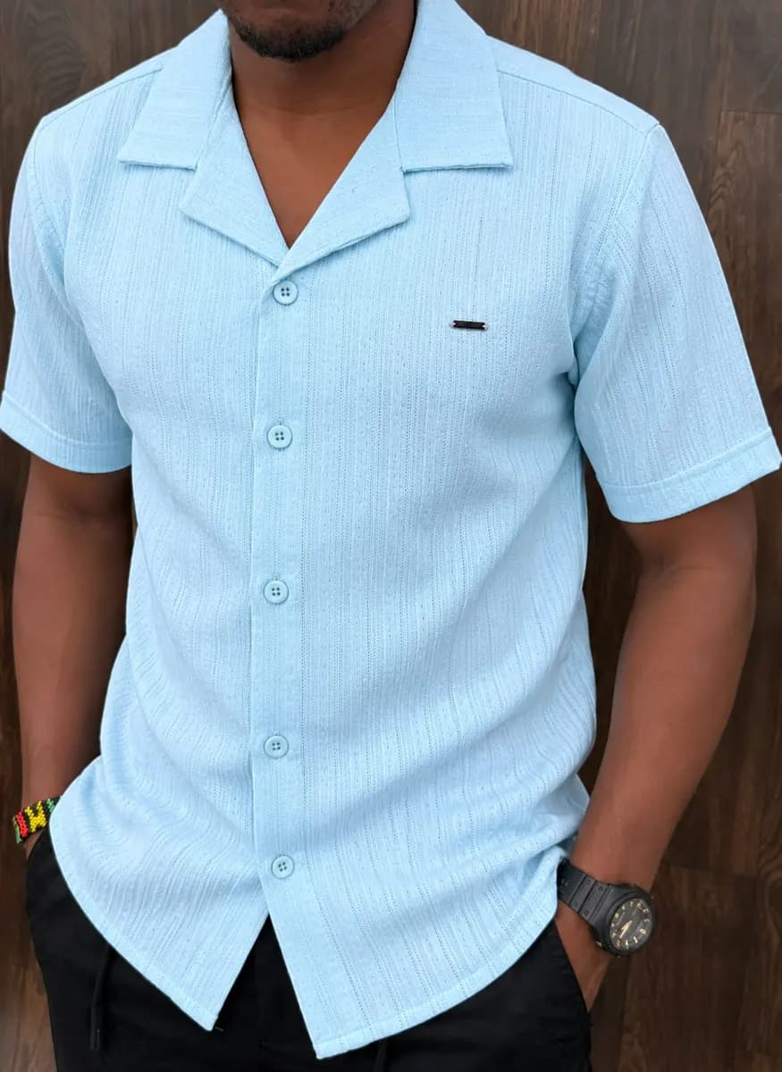 Cuban Collar Shirt in Blue - side view