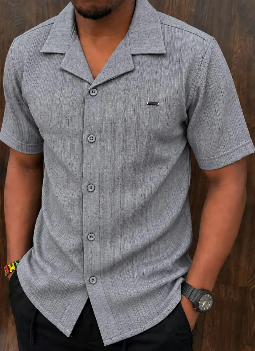 Cuban Collar Shirt in Grey 2 - side view