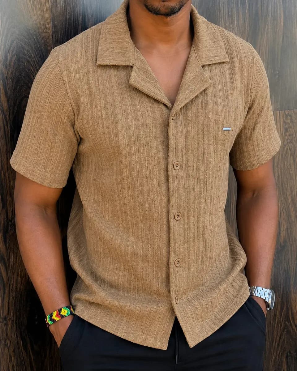 Cuban Collar Shirt in Brown - side view