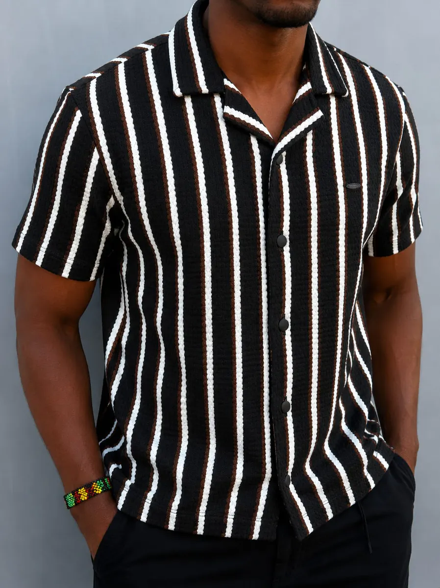 Black Striped Cuban Collar Shirt