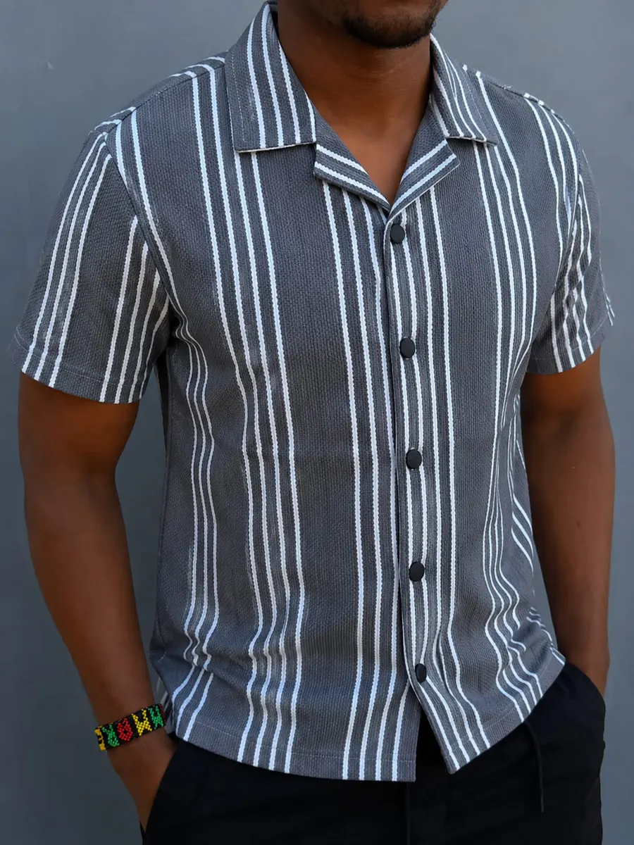Grey Striped Cuban Collar Shirt