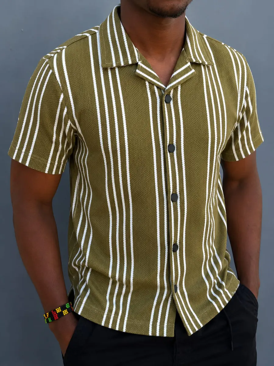 Olive Striped Cuban Collar Shirt