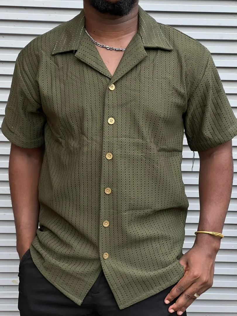 Olive Green Textured Short-Sleeve Shirt