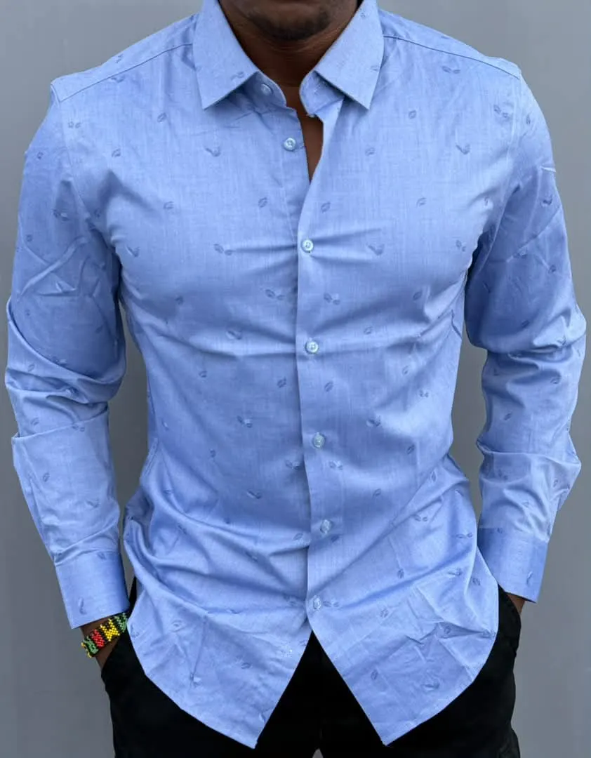 Light Blue Patterned Long-Sleeved Shirt