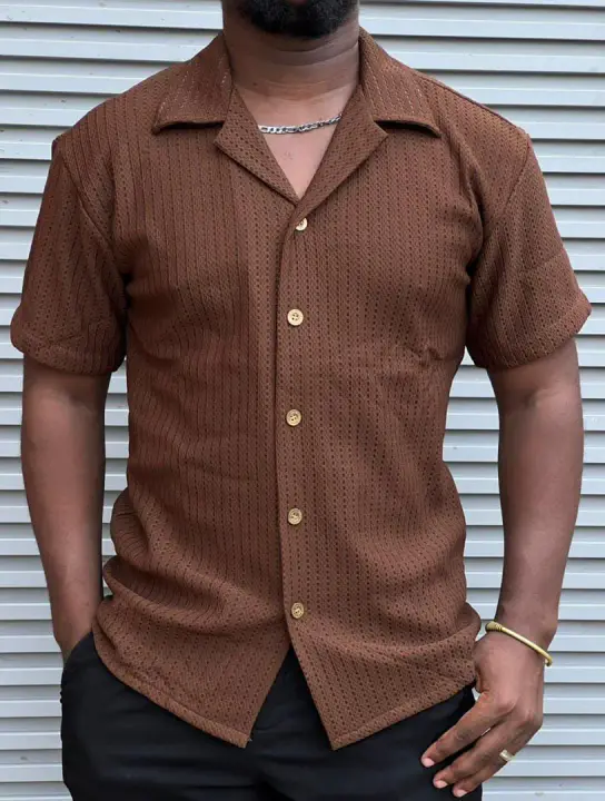 Brown Knit Cubans Collar Shirt