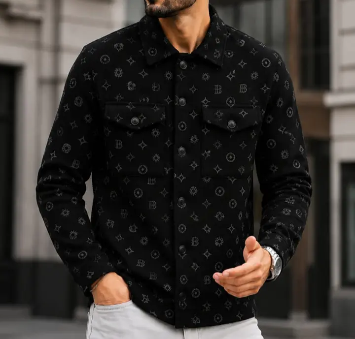 Black Monogram Long-Sleeve Casual Shirt