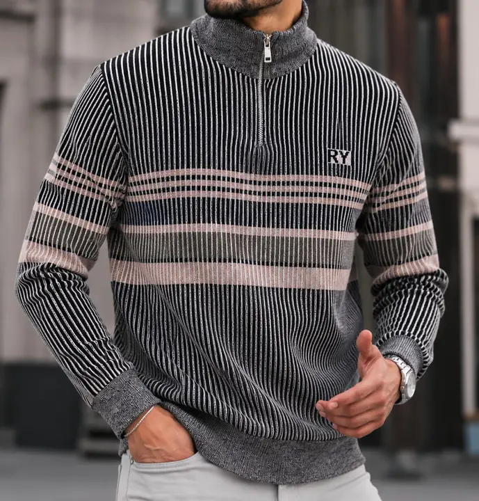 Grey Striped Quarter-Zip Sweater