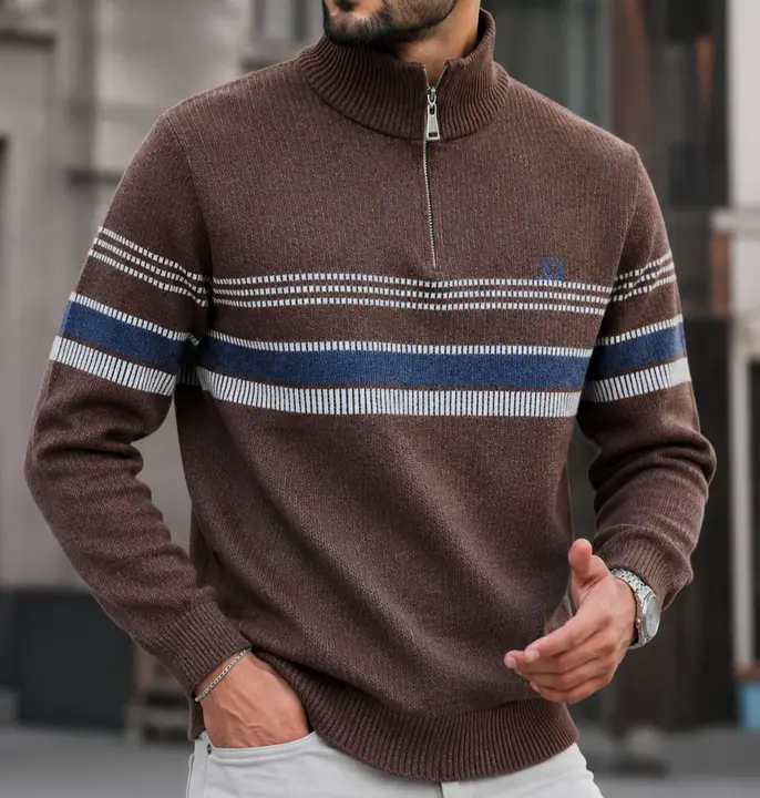 Brown Half-Zip Striped Sweater