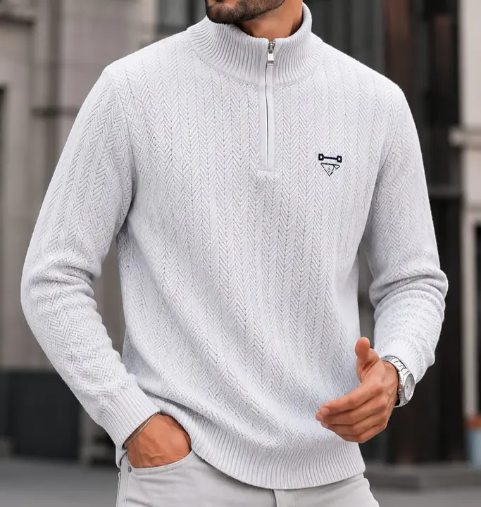 Grey Ribbed Quarter-Zip Knitted Sweater
