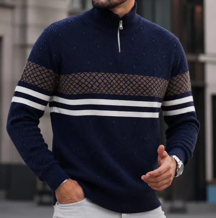 Navy Blue Zip-Neck Patterned Sweater