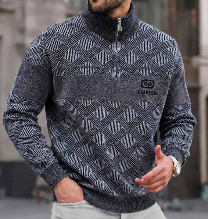 Grey Geometric Pattern Quarter Zip Sweater