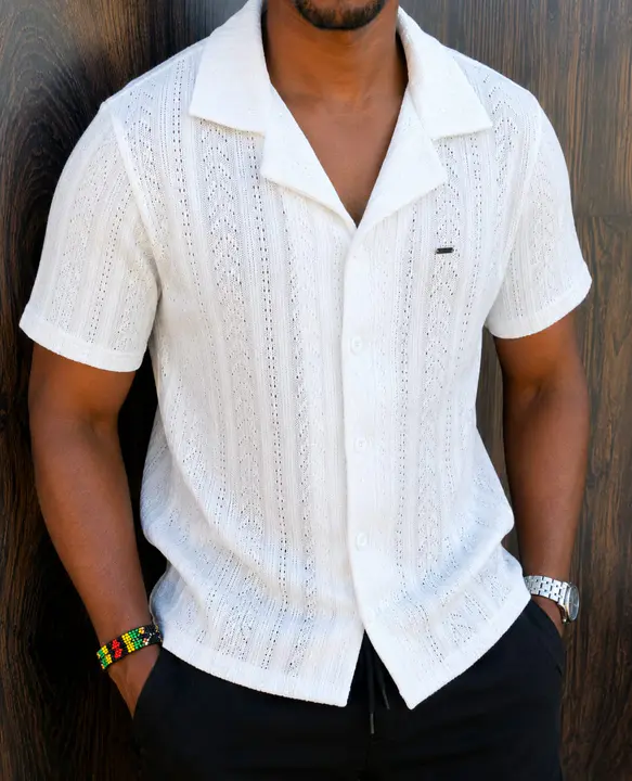 White Knitted Short-Sleeve Cuban Shirt
