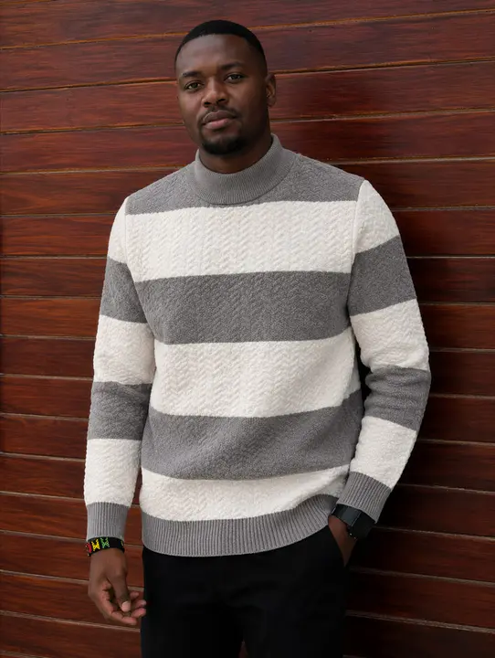 Grey Striped Mock Neck Sweater
