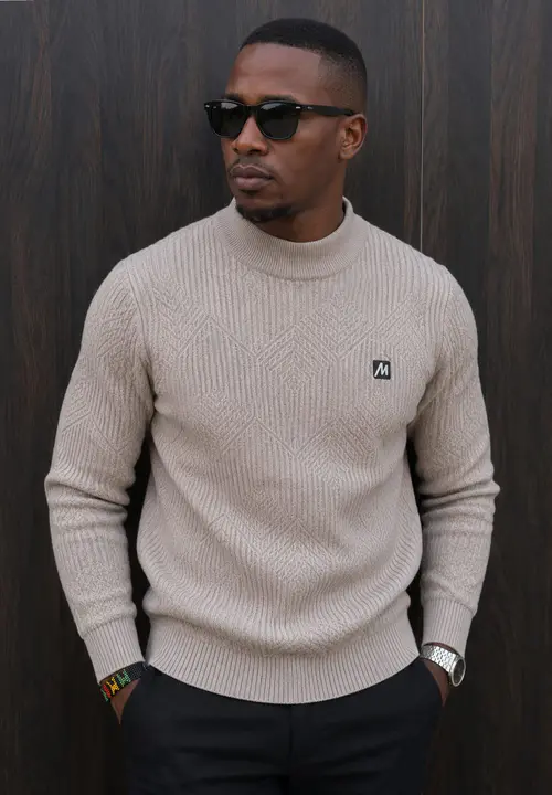 Beige Mock Neck Knit Sweater