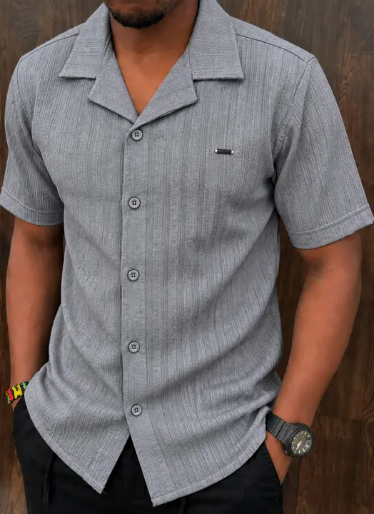 Grey Textured Short-Sleeve Cuban Shirt