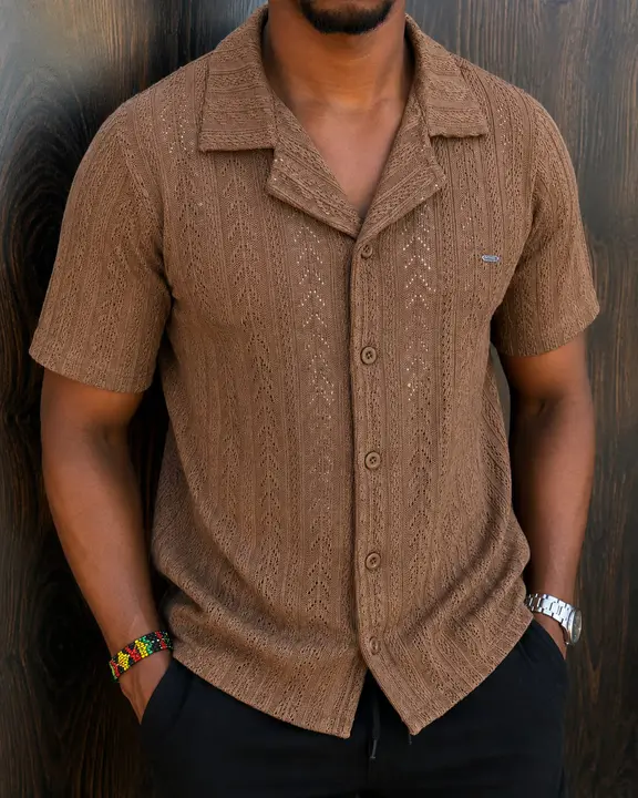 Brown Knit Short-Sleeve Polo Shirt