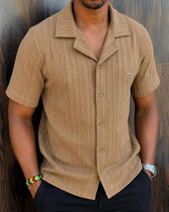 Brown Textured Short-Sleeve Cuban Shirt
