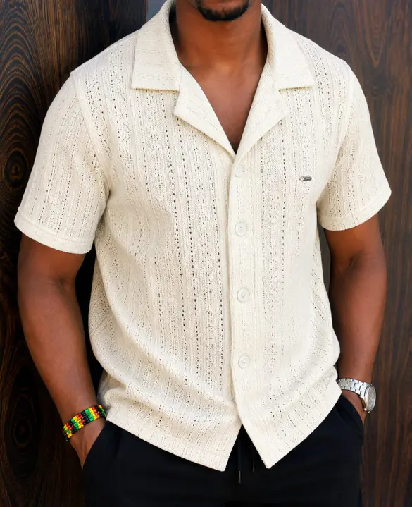 Cream Open Knit Short-Sleeve Shirt