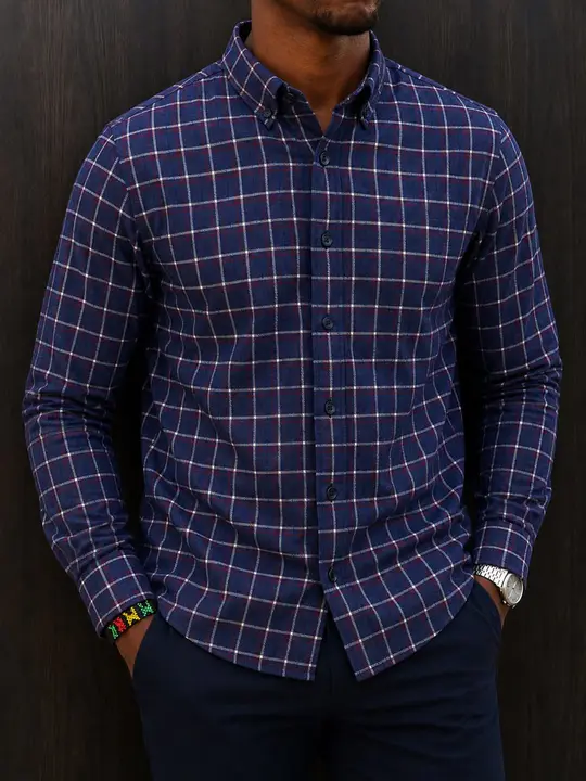 Navy Blue Checkered Long-Sleeved Shirt