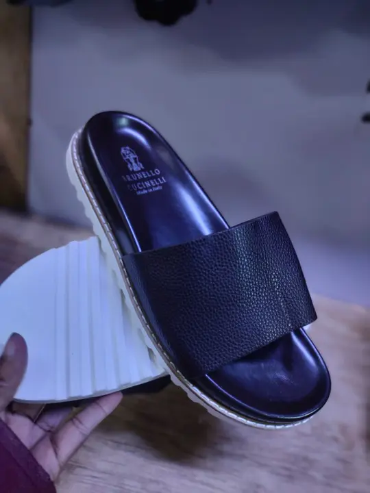 Brunello Cucinelli Black Leather Slide Sandals